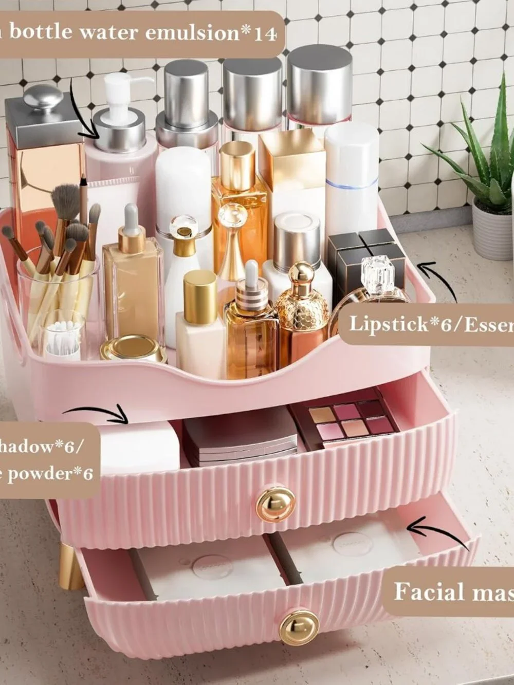 Pink Makeup Organizer with Drawers – Large Cosmetic & Skincare Storage Case